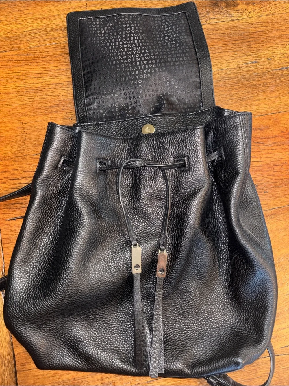 kate spade Black Pebbled Leather Drawstring Backpack Purse